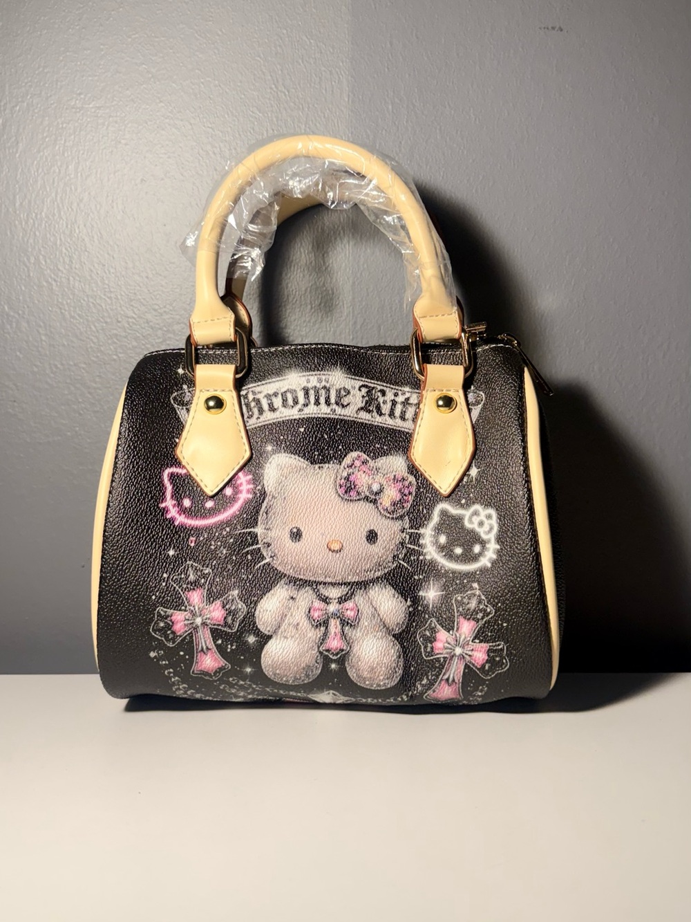 Black & Cream Character Dome Satchel with Pink Accents